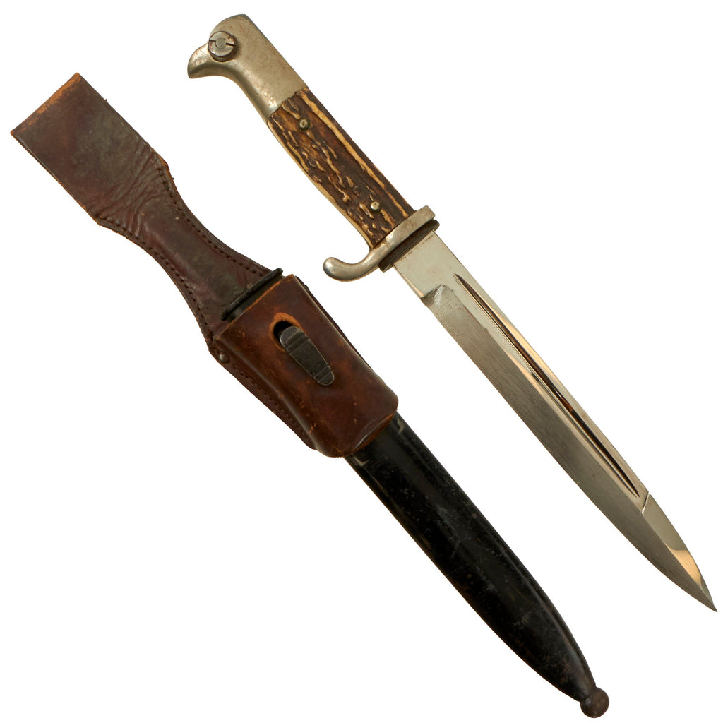 Original German Pre WWII Heer Short Stag Handle 98k Dress Bayonet by C. Lütters & Co of Solingen with Scabbard and Leather Frog Original Items