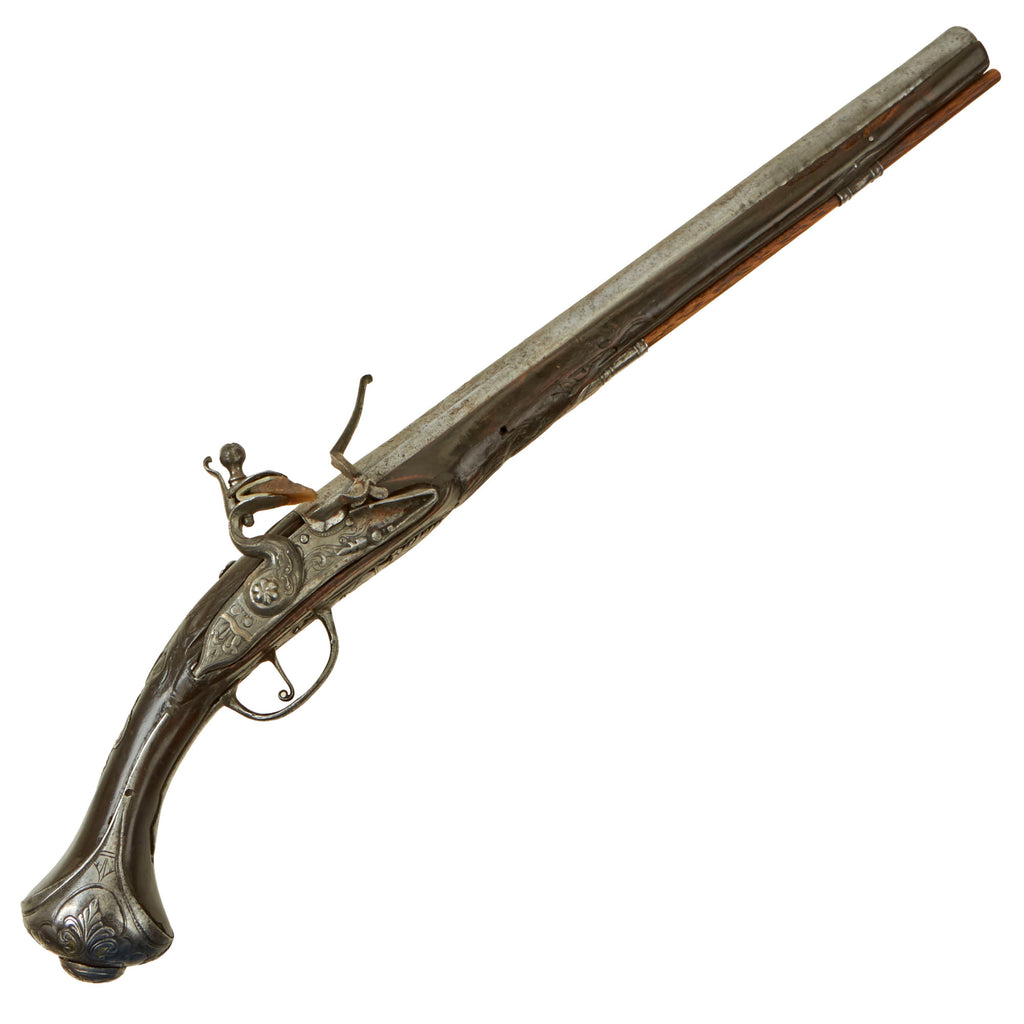 Original 18th Century Ornate European Continental Flintlock Pistol with Carved Stock and Engraved Fittings - Circa 1720 Original Items