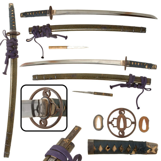 Original 18th Century Edo Period Japanese Handmade Ō-Wakizashi Short Sword with Lacquered Scabbard, Kogatana Knife, and Sageo Cord