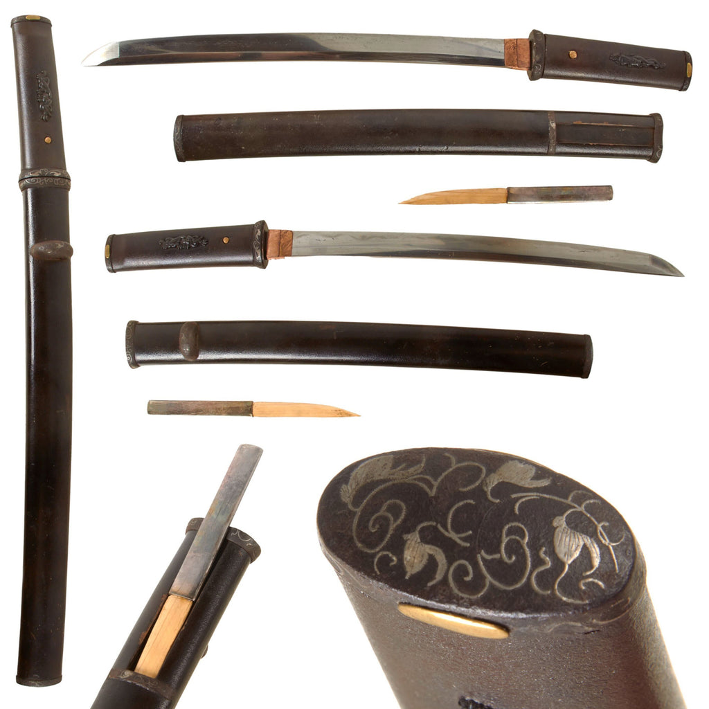 Original 18th Century Edo Period Japanese Handmade Ko-Wakizashi Short Sword with Silver Inlaid Iron Mounted Tanto Style Fittings