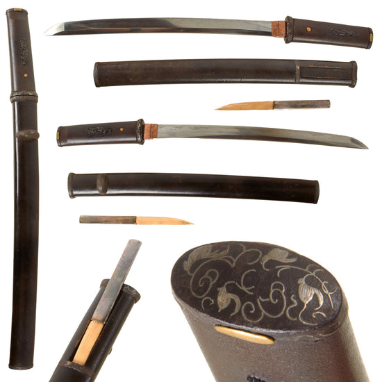 Original 18th Century Edo Period Japanese Handmade Ko-Wakizashi Short Sword with Silver Inlaid Iron Mounted Tanto Style Fittings
