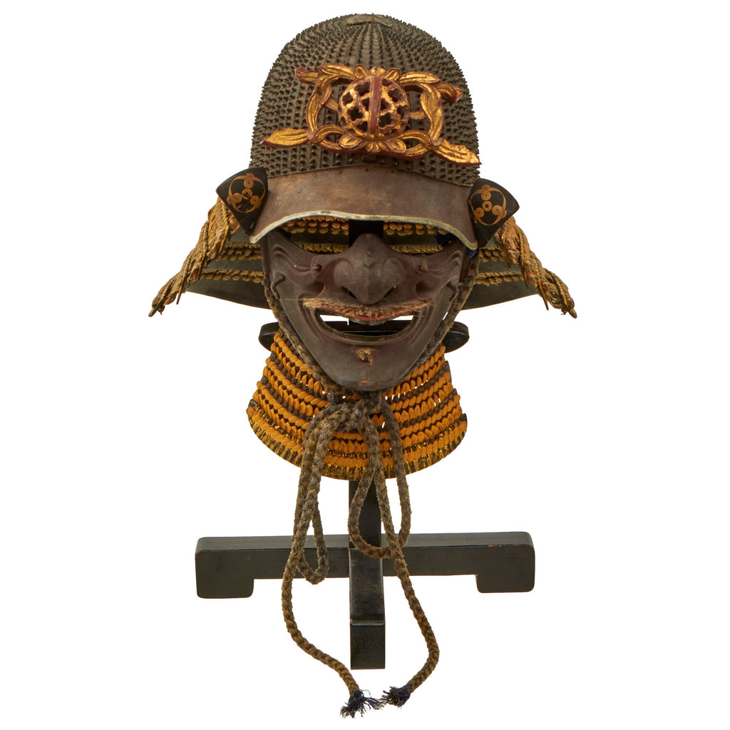 Original Japanese Early Edo Period Rokujuni Ken Koboshi Kabuto Samurai Helmet with Extremely Scarce Faceguard & Stand - Excellent Original Items