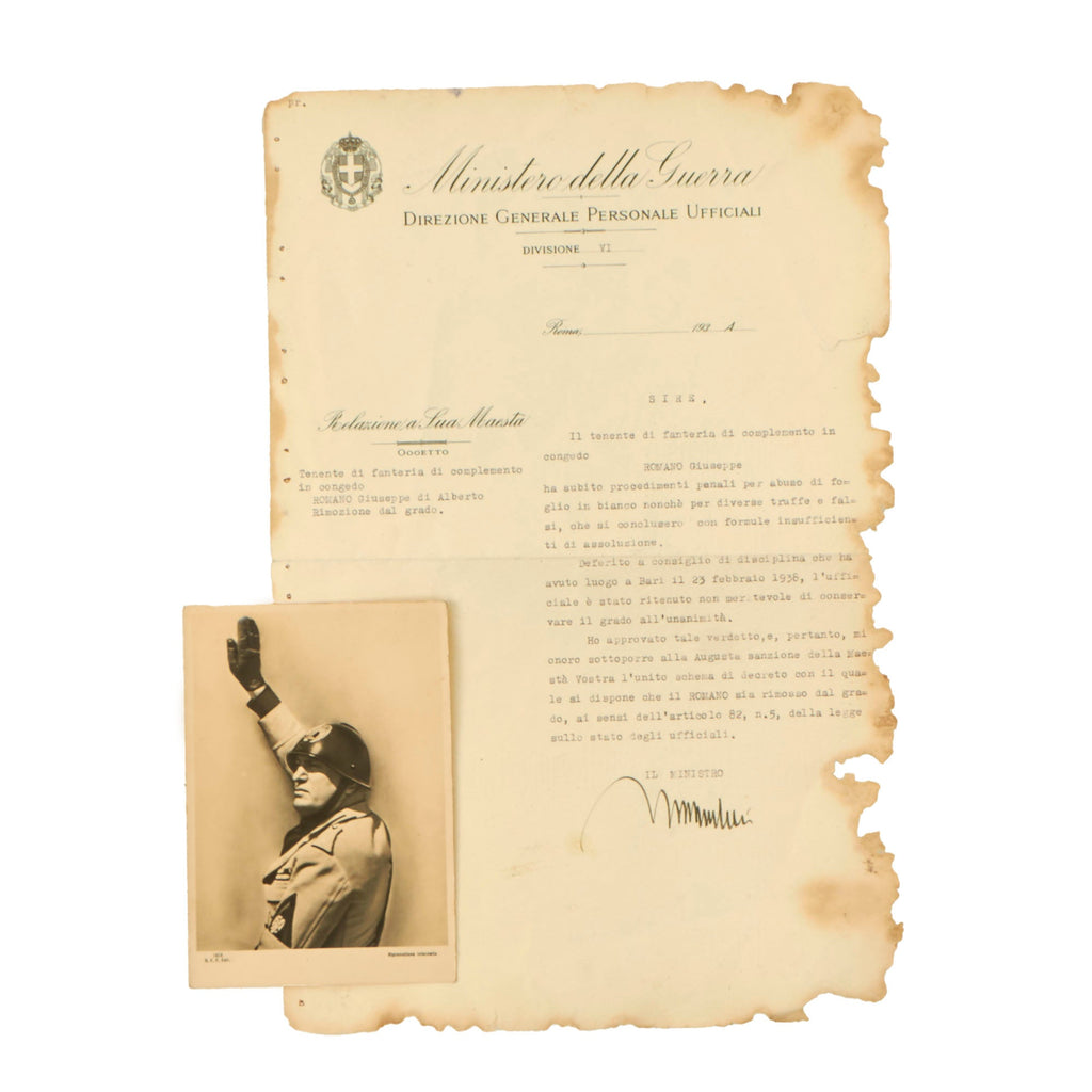 Original Italian Pre-WWII Prime Minister Benito Mussolini Signed Document Regarding Sentencing of Retired Lieutenant - Dated 1938 Original Items