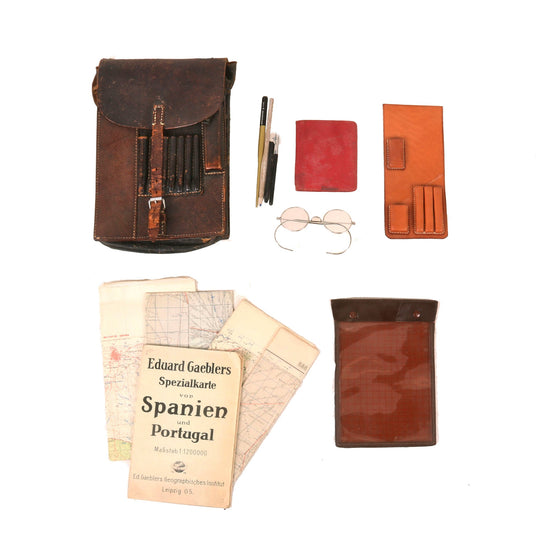 Original German WWII 1941-Dated M35 Map/Dispatch Leather Case With Original Maps, Cartographic Tools, & Glasses Original Items
