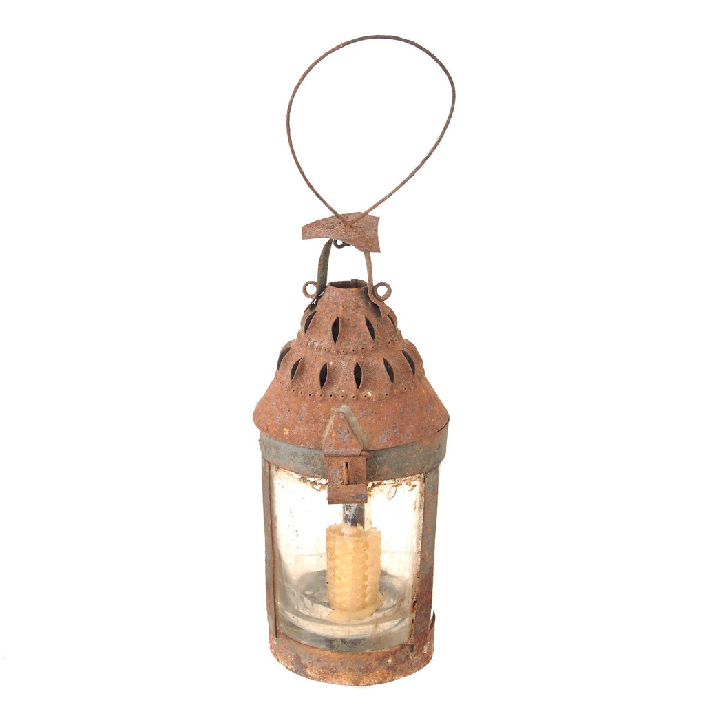 Original U.S. Colonial Revolutionary War Era Punched Tin Lantern with Blown Glass Lense & Retained Candle Original Items