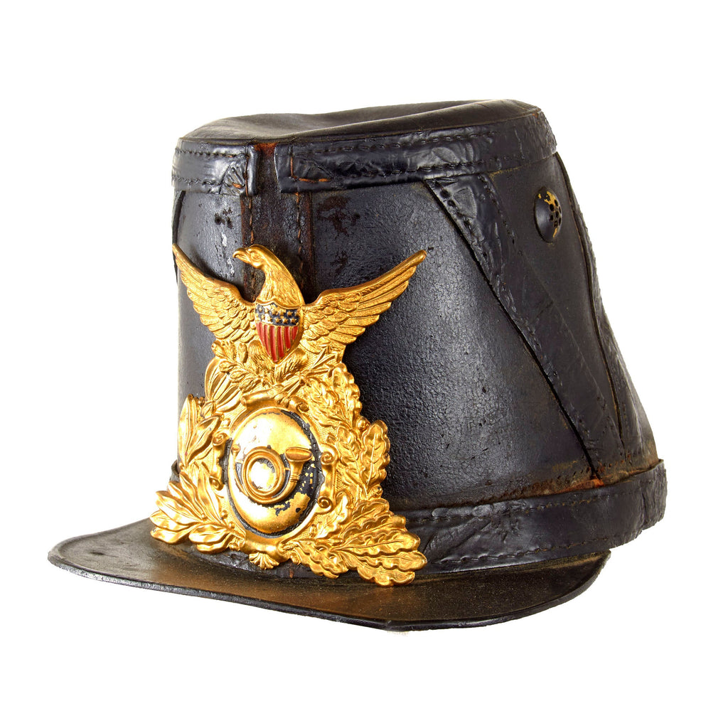 Original U.S. Civil War Imported French Second Empire Model 1860 Leather Shako - Original Period Applied Insignia - Missing Cockade Original Items