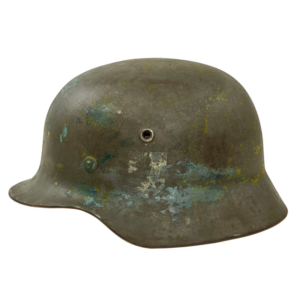 Original German WWII Heer Army Single Decal M40 Helmet with Worn Camouflage and 1940 Dated 56cm Liner - ET64 Original Items