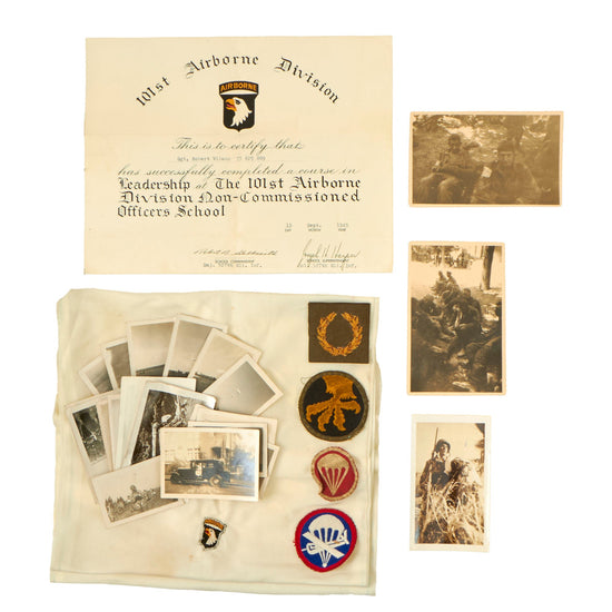 Original U.S. WWII 101st Airborne Unpublished Photograph Grouping with Patches, NCO School Certificate & Scarf - Sergeant Robert Wilson, 327th GIR Original Items