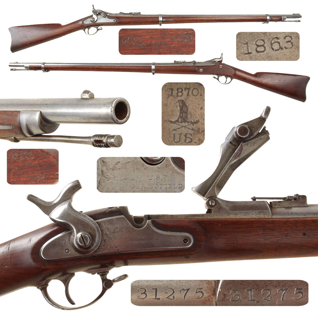 Original U.S. Excellent Civil War Springfield M-1863 Rifle Converted to M-1868 Trapdoor Rifle Using ALLIN System in 1870 with Cartouches - Serial 31275 Original Items