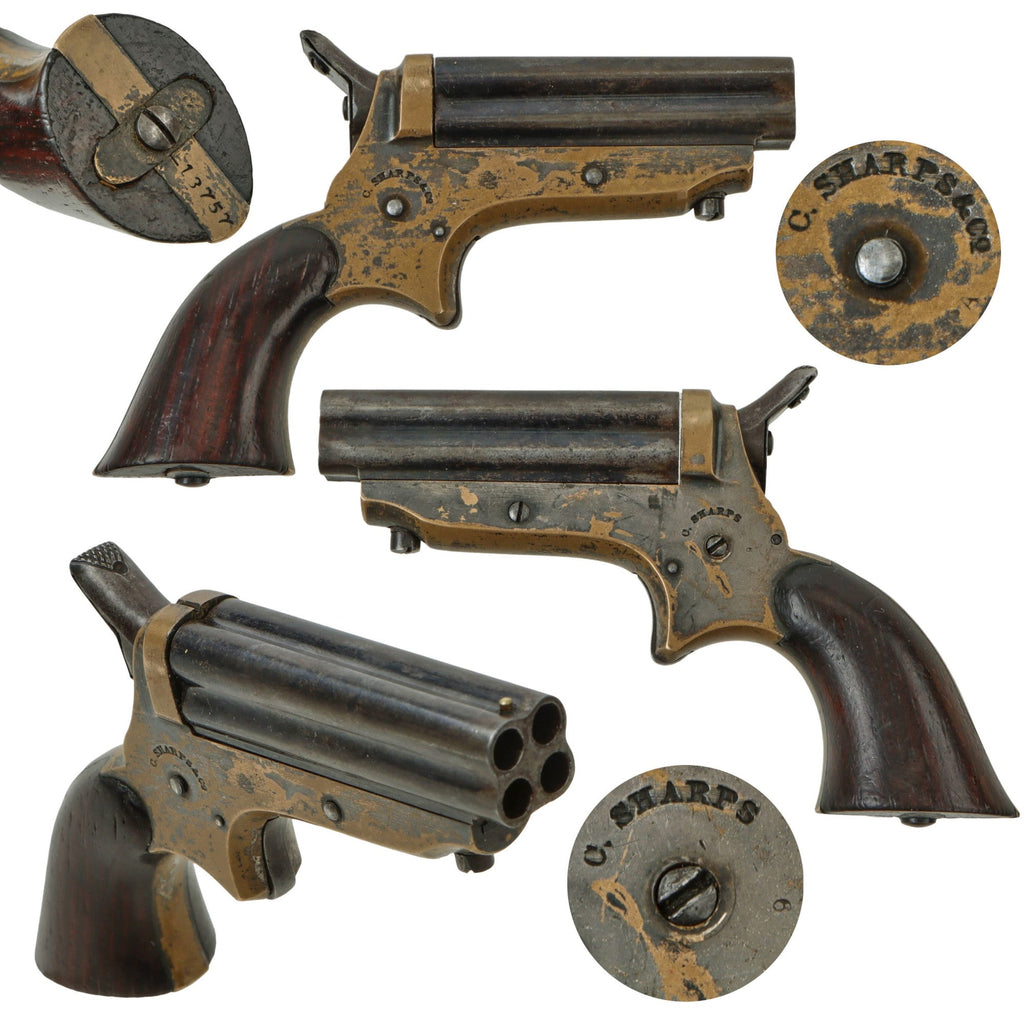 Original U.S. Sharps Model 1A .22 Rimfire 4 Barrel Brass Frame Pepperbox Pistol with Wooden Grips - Serial 13757 Original Items