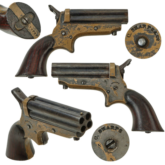 Original U.S. Sharps Model 1A .22 Rimfire 4 Barrel Brass Frame Pepperbox Pistol with Wooden Grips - Serial 13757 Original Items