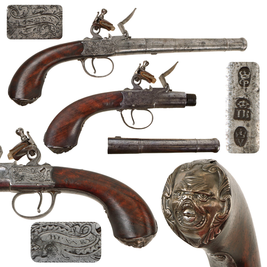 Original 18th Century English Queen Anne Flintlock Pistol by Joseph Bunney with Turn-Off Barrel, Figured Wood Grip, and Grotesque Butt Cap - Circa 1780 Original Items
