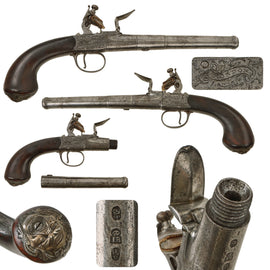 Original 18th Century English Queen Anne Flintlock Pistol by Joseph Bunney with Turn-Off Barrel, Figured Wood Grip, and Grotesque Butt Cap - Circa 1780