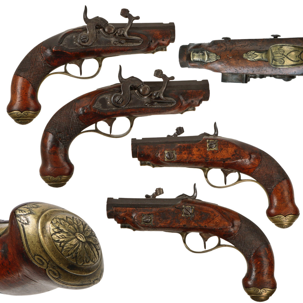 Original European Continental Matched Pair of Brass Mounted Percussion Vest Pistols with Cone Safeties - Circa 1800 Original Items