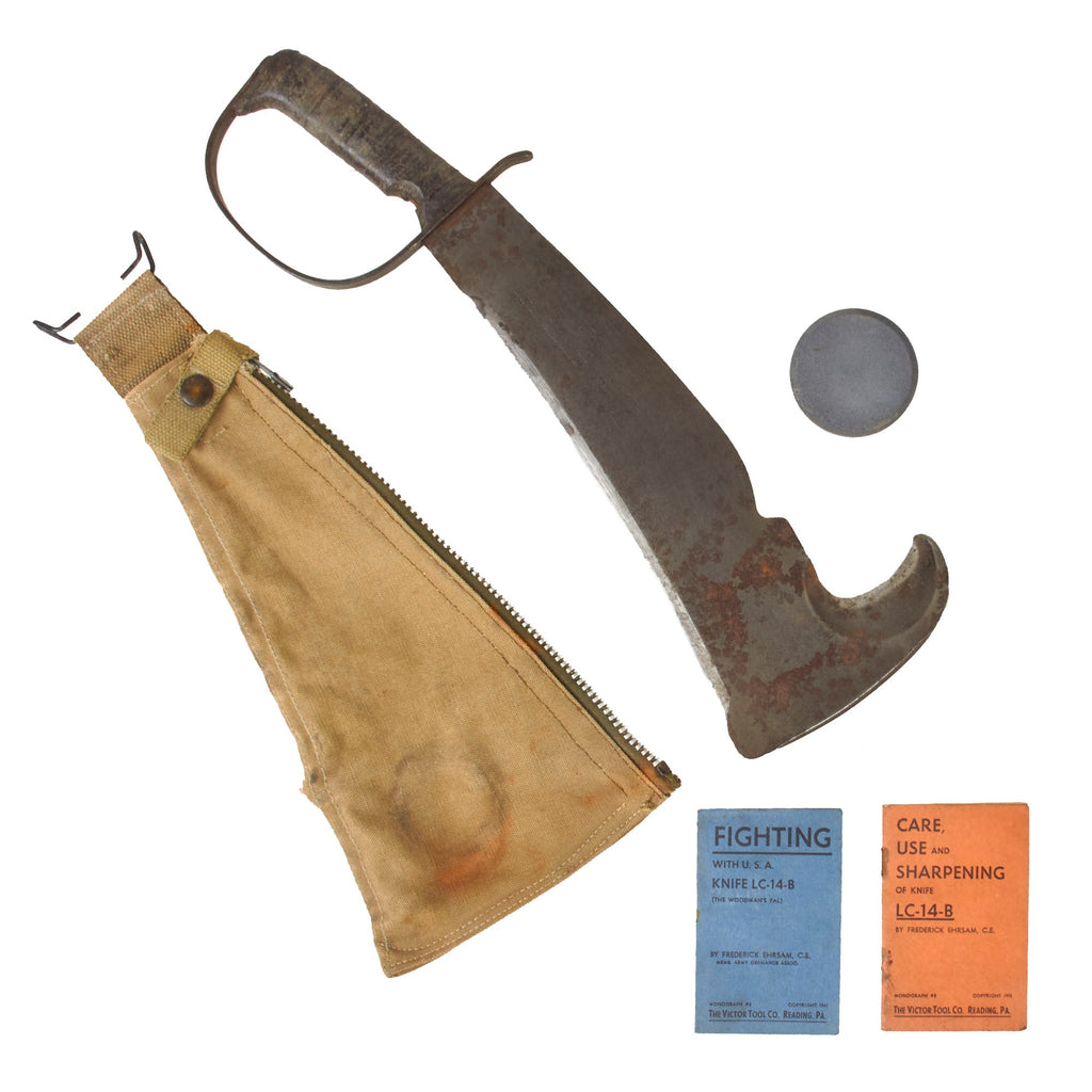 Original U.S. WWII LC-14-B Woodman Pal Survival Axe by Victor Tool Company with Belt Scabbard, Manuals and Whetstone Original Items