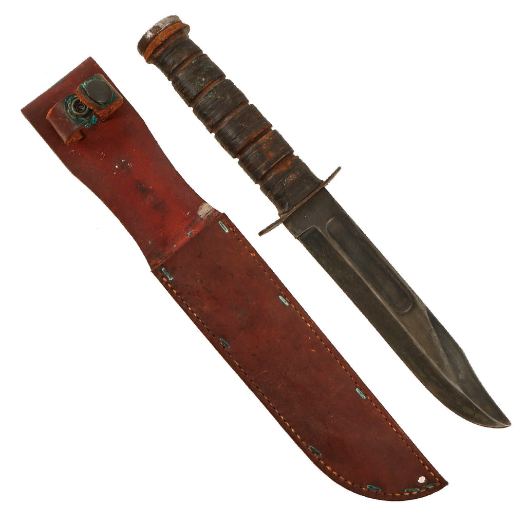 Original U.S. WWII USMC Early Blade-Marked Mark 2 KA-BAR Fighting Knife in Leather Sheath with Replaced Pommel Original Items