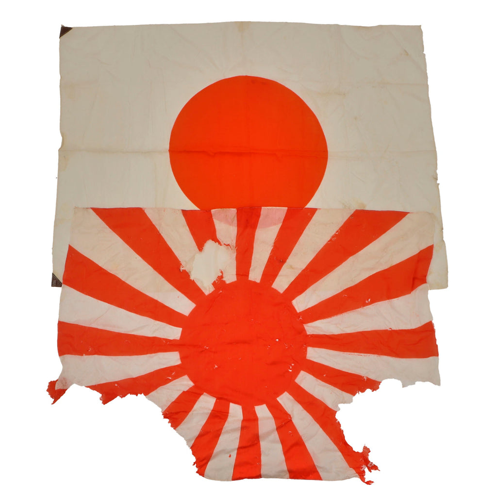 Original Japanese WWII Flag Lot - Tattered Rising Sun Flag & Meatball Flag - 26 x 35” & 27 ½ x 38” Original Items