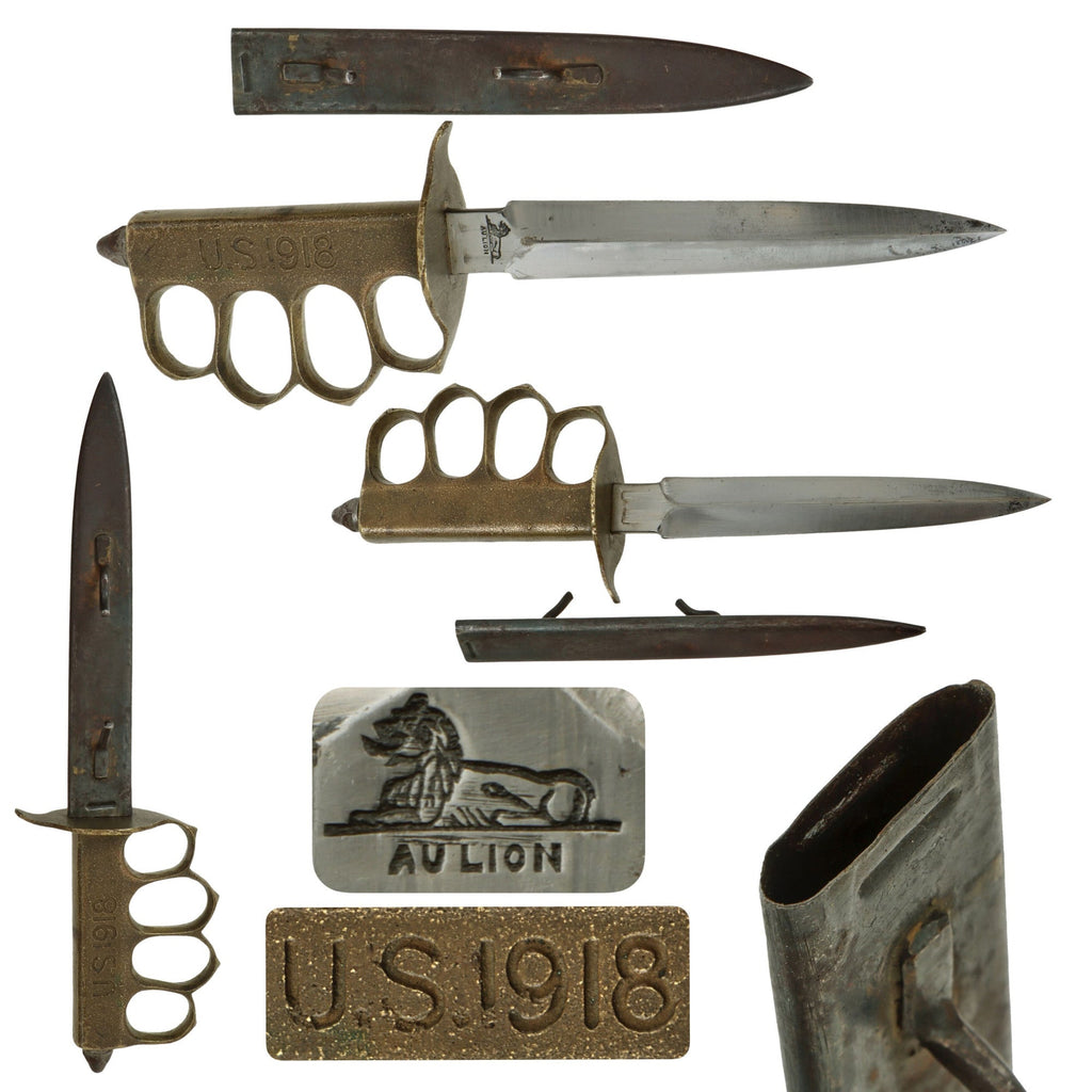 Original U.S. WWI Model 1918 French Made Mark I Trench Knife by AU LION with Correct Steel Scabbard - Excellent Original Items