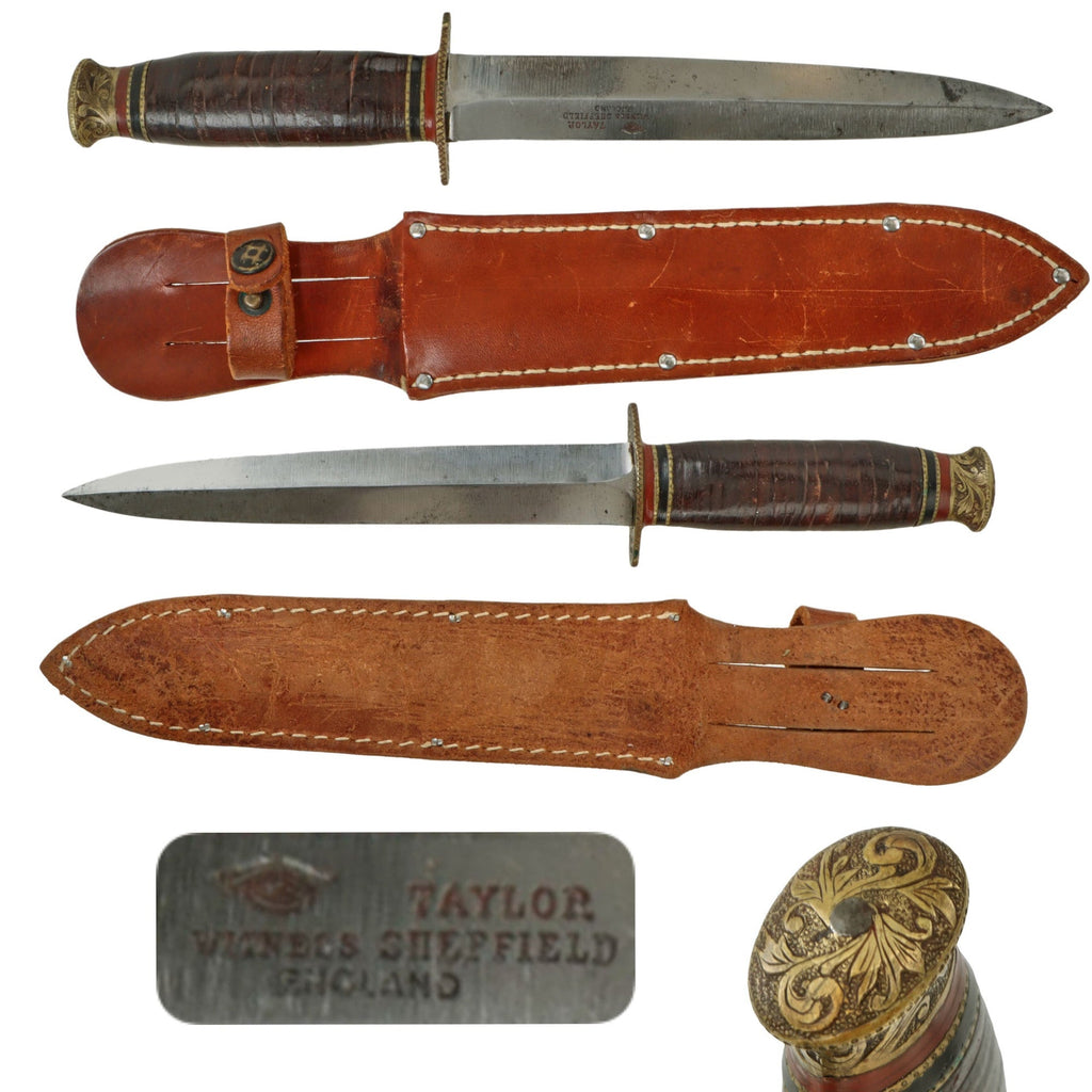 Original British WWII Private Purchase Dagger by “Eye” Taylor Witness of Sheffield England with Custom Engravings and Leather Belt Sheath - Popular Among U.S. Soldiers Original Items