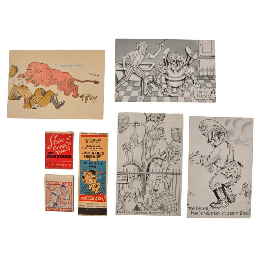 Original U.S. WWII Homefront Anti-Axis Postcard and Matchbook Lot - Seven Items Total Original Items