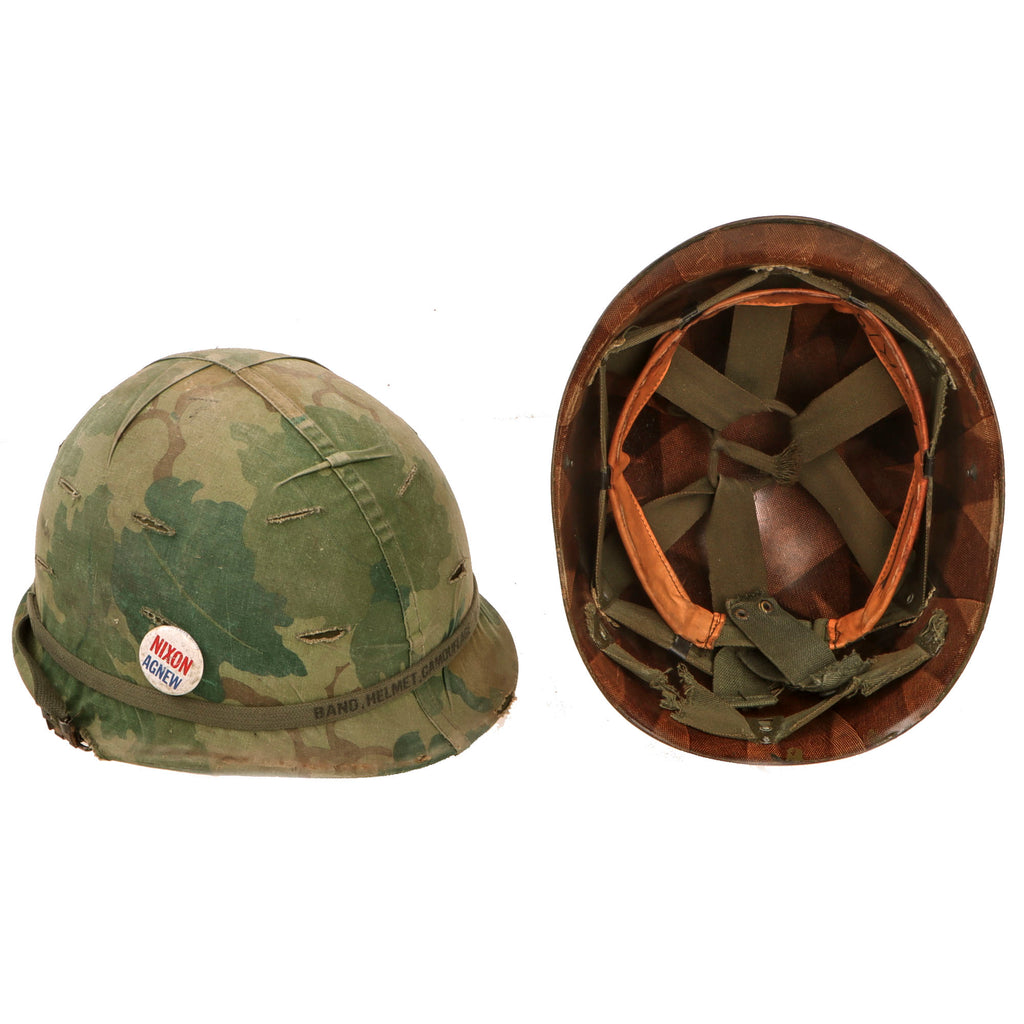 Original U.S. Vietnam War M1 Helmet with 1969 Dated Camouflage Cover and Liner - Nixon Agnew Pin