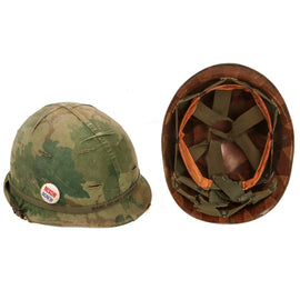 Original U.S. Vietnam War M1 Helmet with 1969 Dated Camouflage Cover and Liner - Nixon Agnew Pin