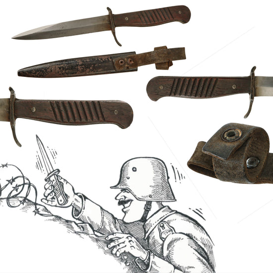 Original German WWI Trench Fighting Knife with Ribbed Grips & Original Rolled Steel Scabbard Original Items