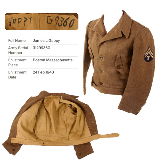 Original U.S. WWII Scarce Named 2nd Model ETO Uniform Jacket - Technician 5th Grade James L. Guppy Original Items