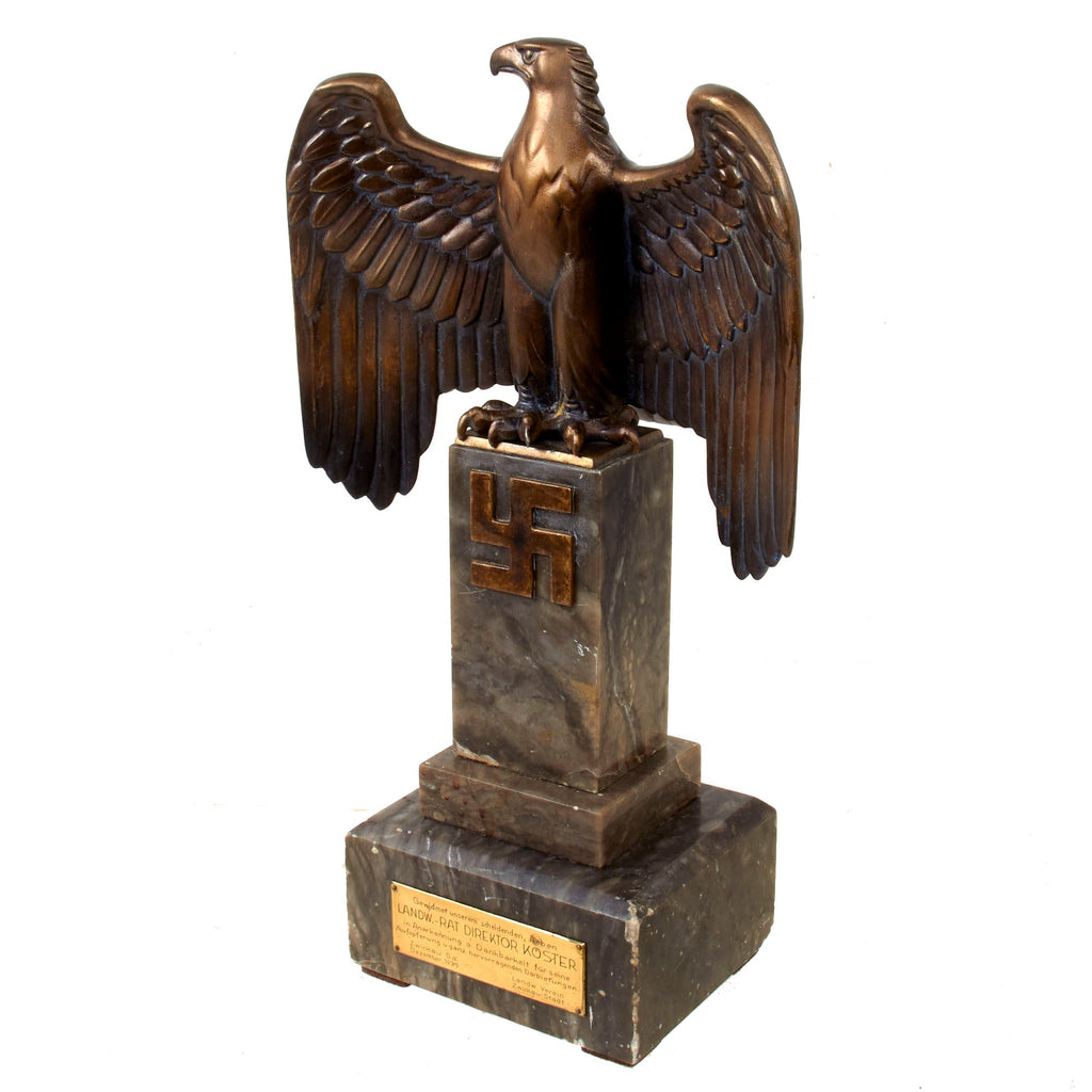 Original German WWII NSDAP Bronze Presentation Eagle with Agricultural Council Director Dedication on Brown Marble Plinth - 16 1/4" Tall Original Items