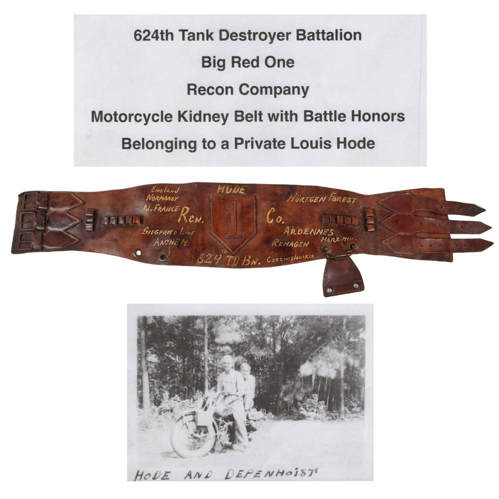 Original U.S. WWII 1st Infantry Division Custom Motorcyclist’s Kidney Belt with Battle Diary and Hand-Cut Leather 1st ID Insignia - Private Louis Hode, WIA, 624th Tank Destroyer Battalion Original Items