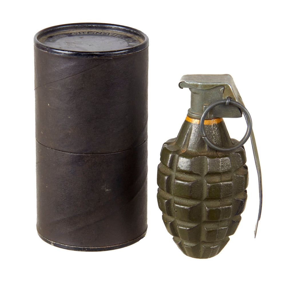 Original U.S. WWII Inert MkII Pineapple Practice Grenade with Yellow Ring & M10A3 Fuze in Original Husk Original Items
