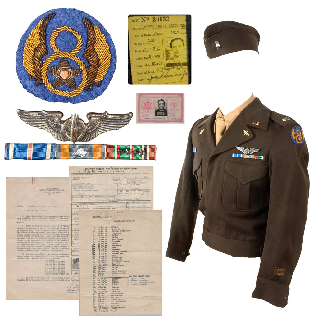 Original U.S. WWII 8th Air Force Distinguished Flying Cross Recipient Bombardier Lt. Joseph Sessions Jr. Uniform & Binder Grouping with Original Discharge Documents & Garrison Cap - Air Medal with 6 OLCs Original Items