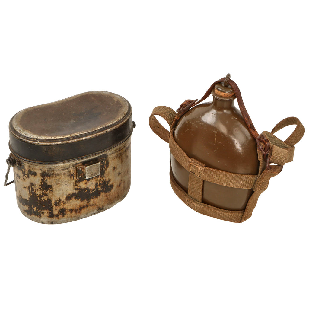 Original Japanese WWII 1943 Dated Messkit and 1934 Dated Aluminum Canteen With Canvas Carrier - 2 Items Original Items