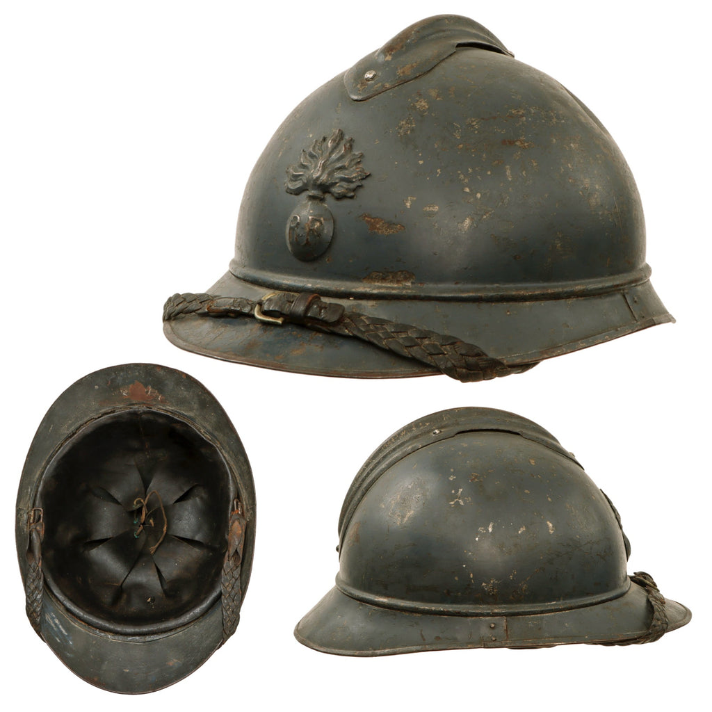 Original French WWI Officer's M1915 Adrian Infantry Helmet with 1st Pattern Liner and Fantastic Braided Officer’s Leather Chinstrap - Rare Large Size Original Items