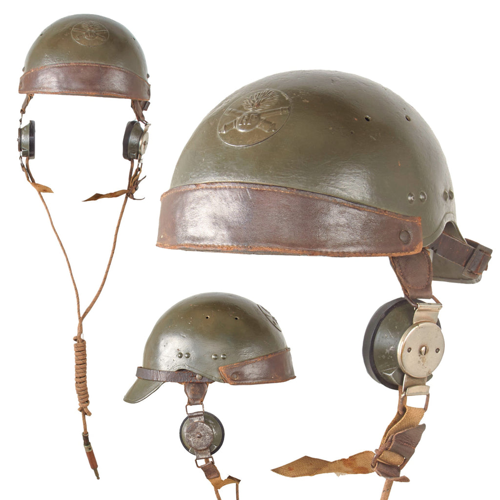 Original French WWII Model 1935 Tanker Armored Vehicle Helmet with Rare Communications Headset & Crossed Cannons RF Badge Original Items
