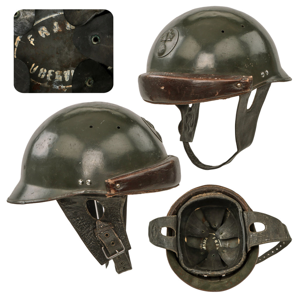 Original French WWII Model 1935 Tanker Armored Vehicle Helmet with R.F. Badge Original Items