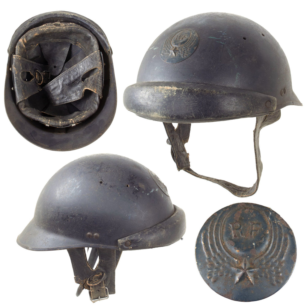 Original French WWII Model 1935 Tanker Armored Vehicle Helmet with Air Force RF Badge Original Items