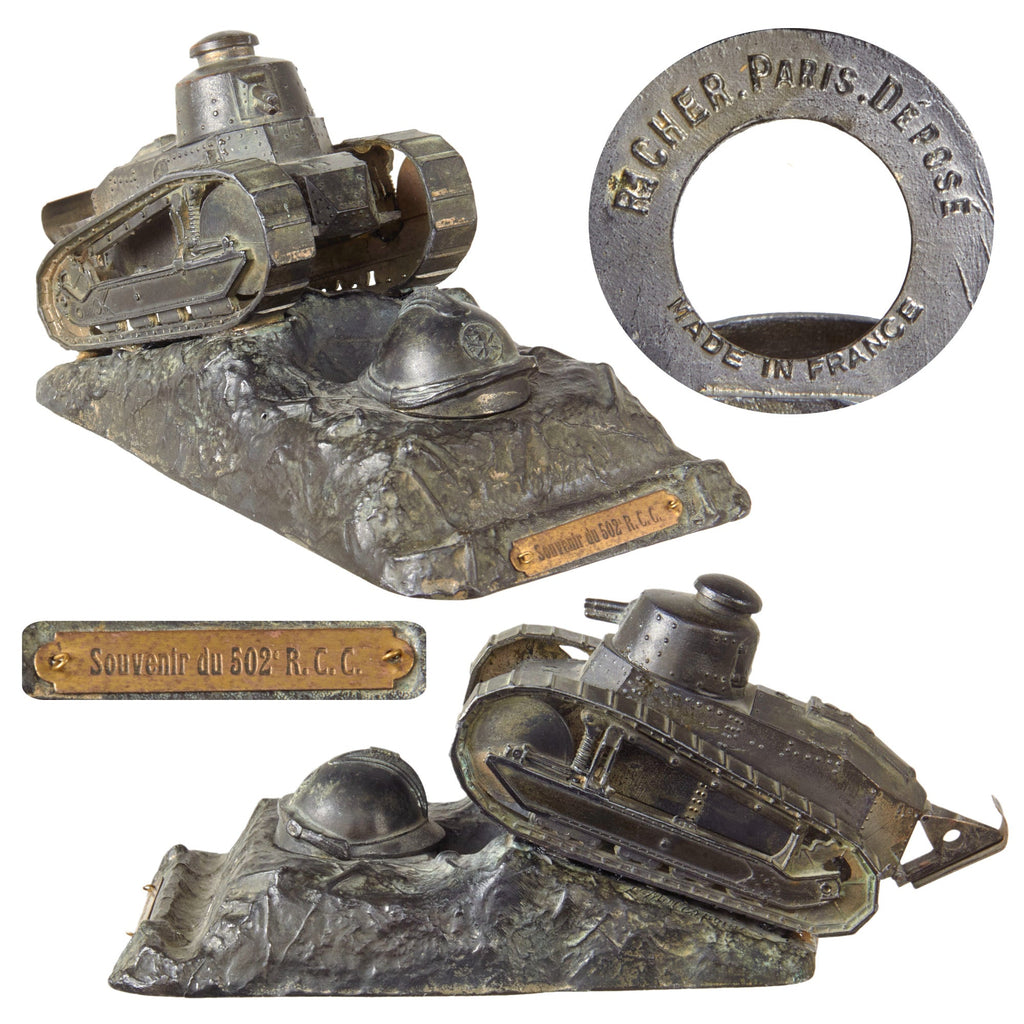 Original French Pre-WWII Renault FT Light Tank Desk Model Display with Armored Helmet Inkwell Cover & 502nd Combat Tank Regiment Regiment Plaque - Missing Inkwell Original Items