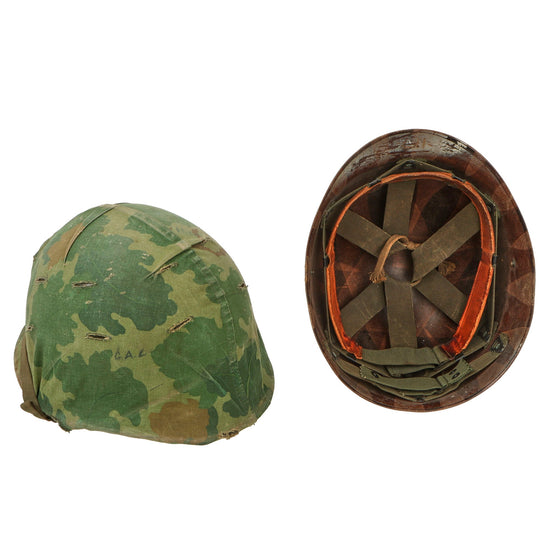Original U.S. Vietnam War USMC M1 Helmet with Original Graffiti On Mitchell Pattern Camouflage Cover “The Big A” Original Items
