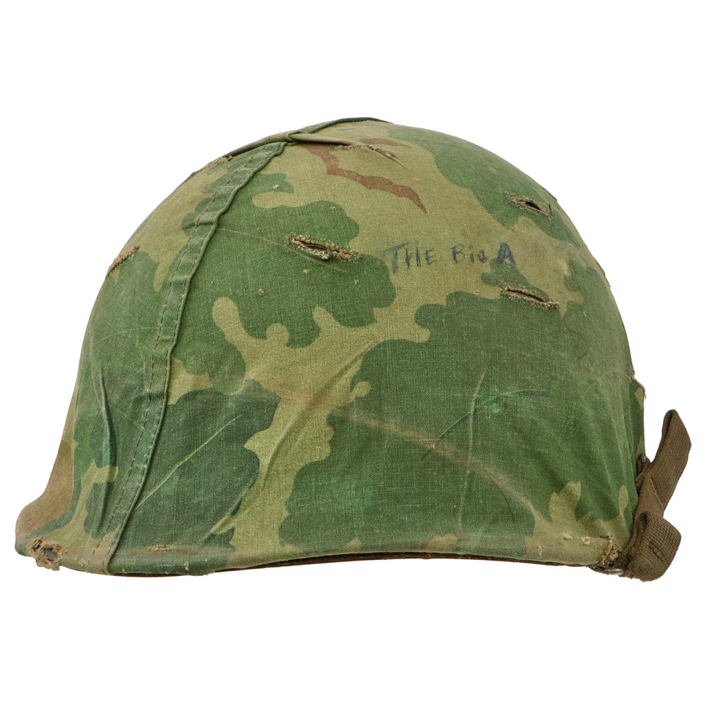 Original U.S. Vietnam War USMC M1 Helmet with Original Graffiti On Mitchell Pattern Camouflage Cover “The Big A” Original Items