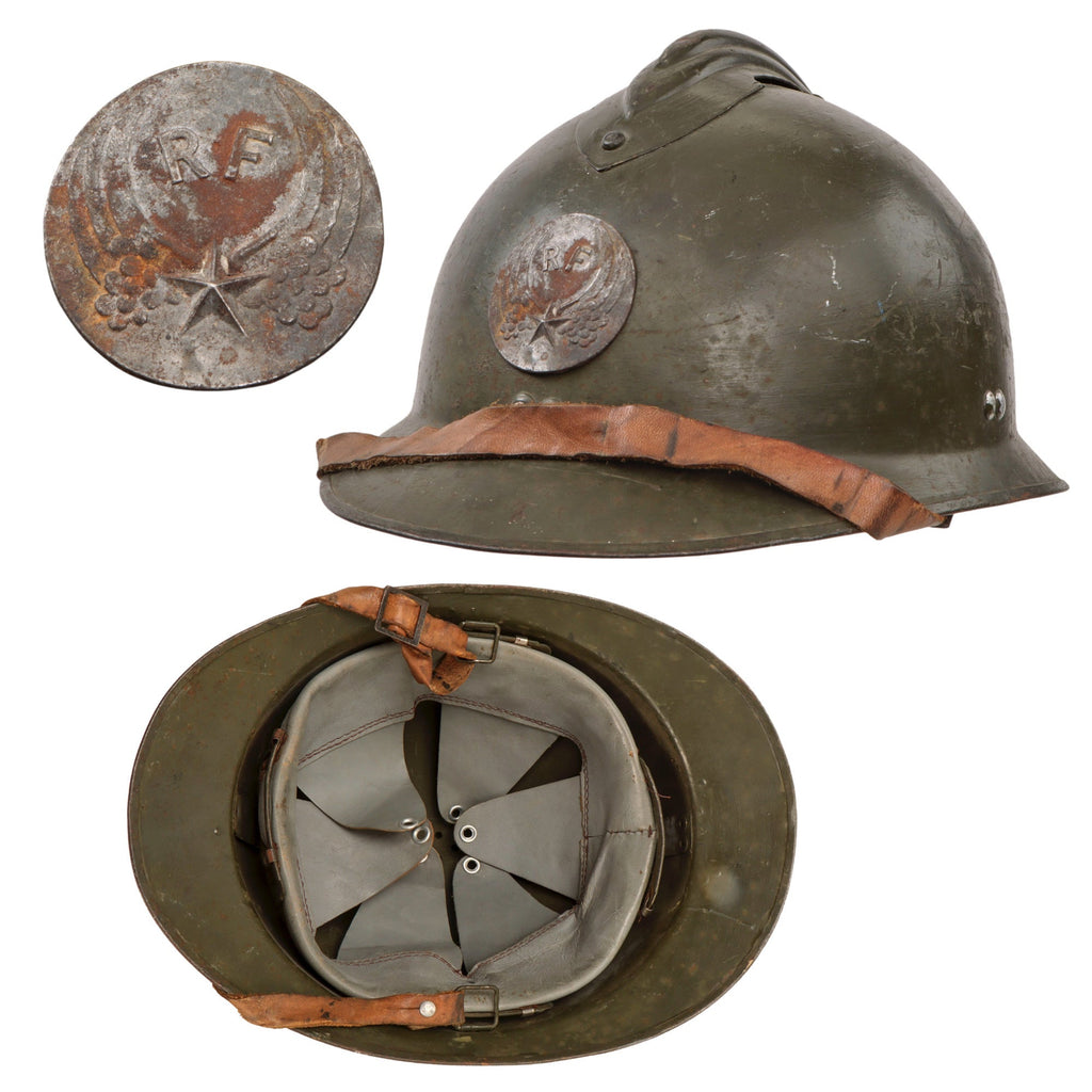 Original French WWII M1926 Adrian Helmet with Chinstrap & French Air Force Badge - Replacement Liner Original Items