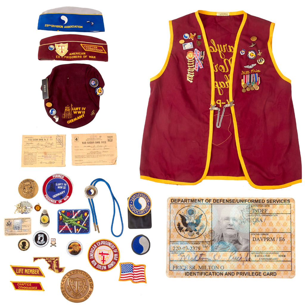 Original U.S. WWII 29th Infantry Division & AAF Stalag Luft IV POW Veteran Grouping with MIA Western Union Telegram, Veterans’ Vest with Mini-Medal Bar and Pins, and a Lot of Veterans Association Ephemera - Sergeant Milton O. Price Original Items