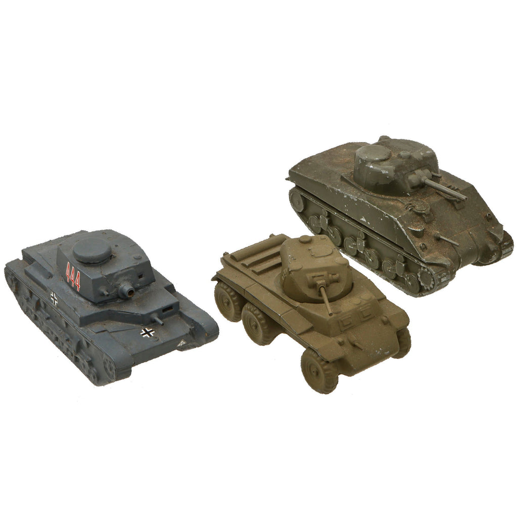 Original U.S. WWII Vehicle Identification Model Set with T17 Deerhound Armored Car, M4 Sherman Tank, and Damaged German Tank Repainted with Decals Original Items