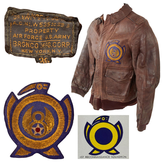 Original U.S. WWII 1st Reconnaissance Squadron or 391st Bomb Squadron Patched A2 Flight Jacket with 8th Air Force Patch Over 391st Bomb Squadron Patch - Period Applied Insignia Original Items