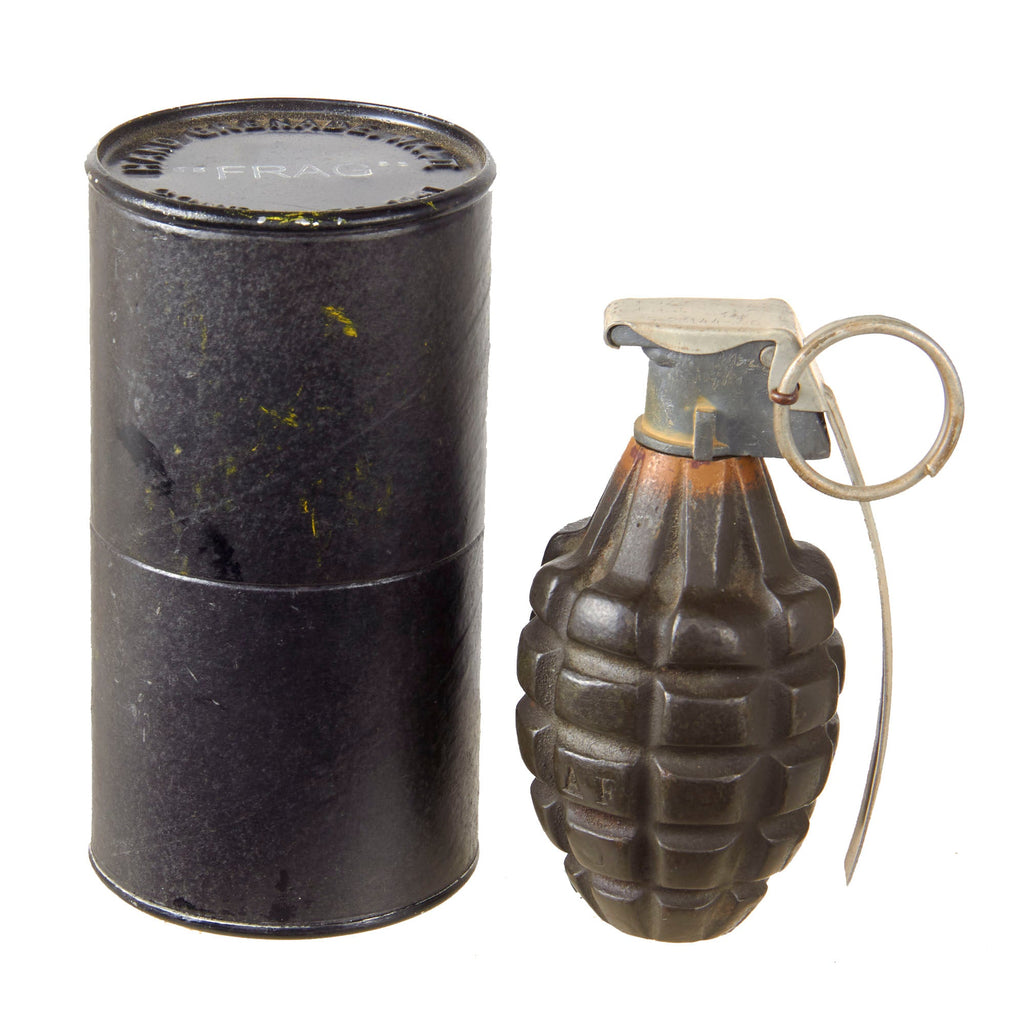 Original U.S. WWII Inert MkII Pineapple Grenade with Yellow Ring and M10A2 Fuze by The American Fireworks Company in Original Husk Original Items