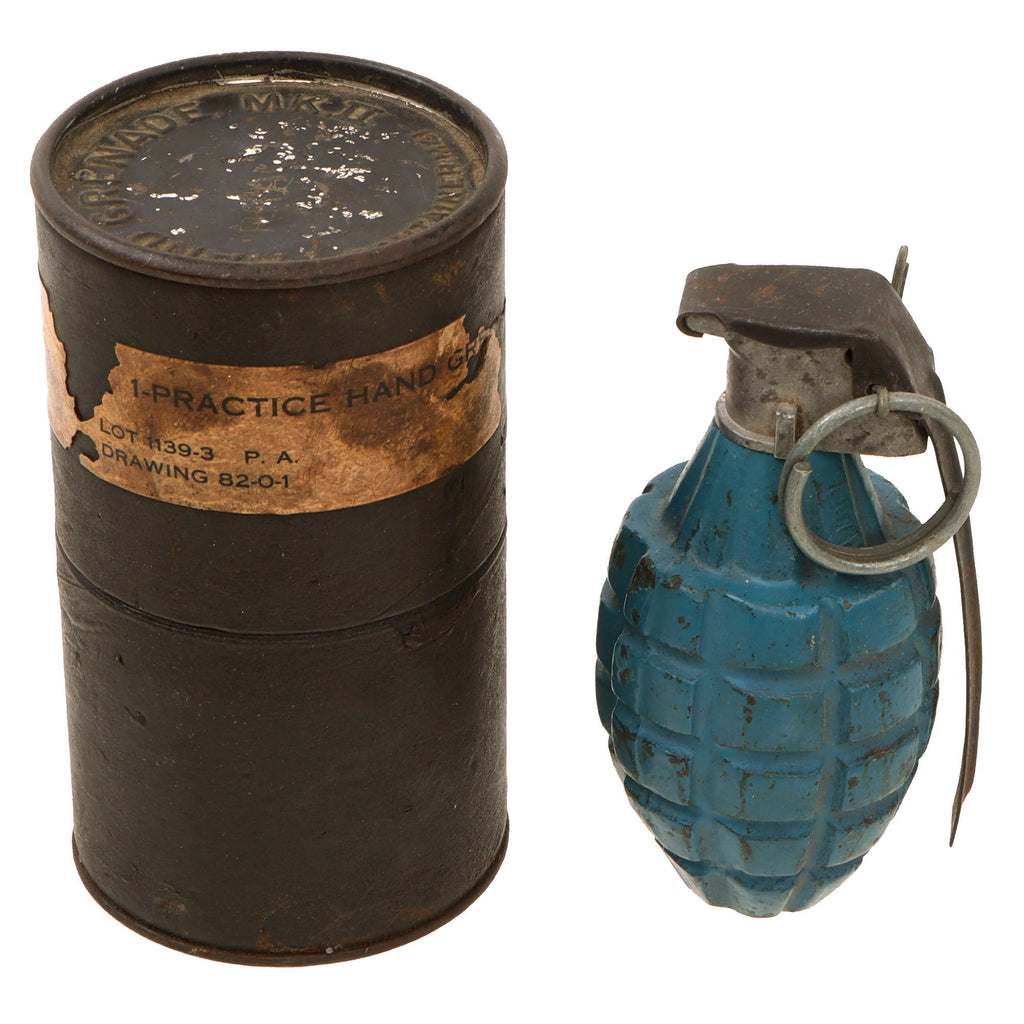 Original U.S. WWII M21 Inert Practice Pineapple Fragmentation Training Hand Grenade with Early Tapered Body and Original Correct Husk Original Items