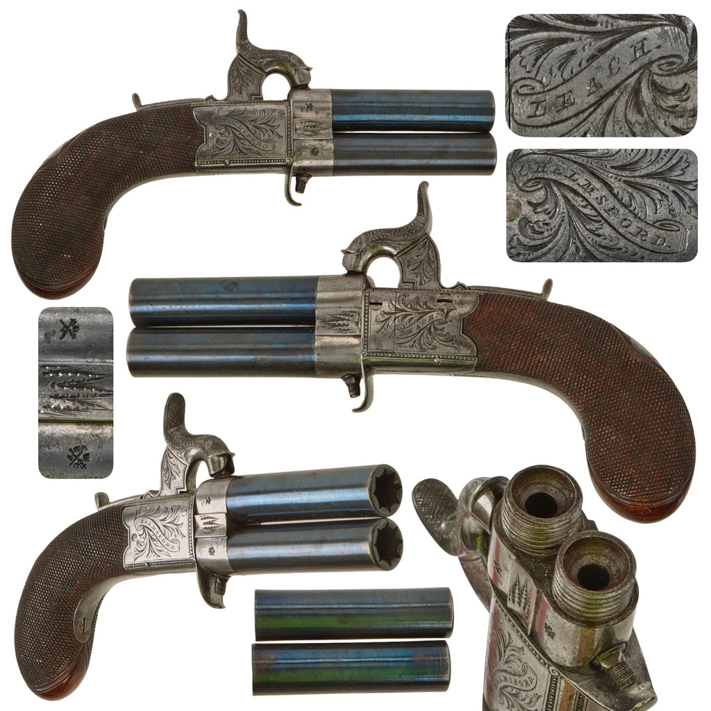 Original British Victorian Over-Under Double Barrel Turn-Over Percussion Pistol by Leach of Chelmsford with Turn Off Barrels and Fold-out Trigger - circa 1850 Original Items
