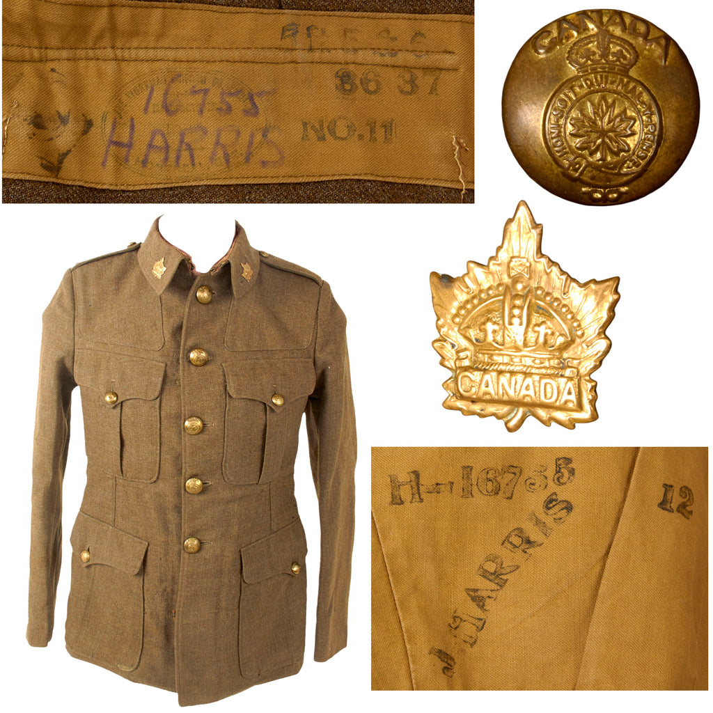 Original Canadian WWI CEF M1902 Service Dress Tunic with Collar Insignia & Name - J. Harris, Regimental Number 16755 Original Items
