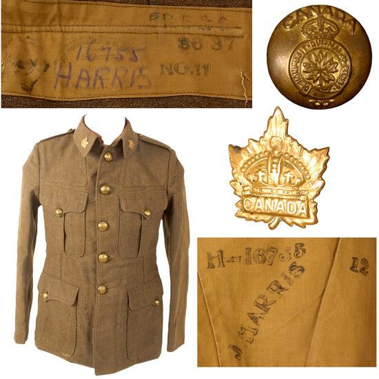 Original Canadian WWI CEF M1902 Service Dress Tunic with Collar Insignia & Name - J. Harris, Regimental Number 16755 Original Items