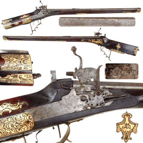 Original Early 19th Century Austrian Chemical Lock Wheellock Rifle by Jos. Reisinges of Wels — Heavy .56 Cal Octagonal Barrel, Bone-Inlaid Stock & Set Trigger Original Items